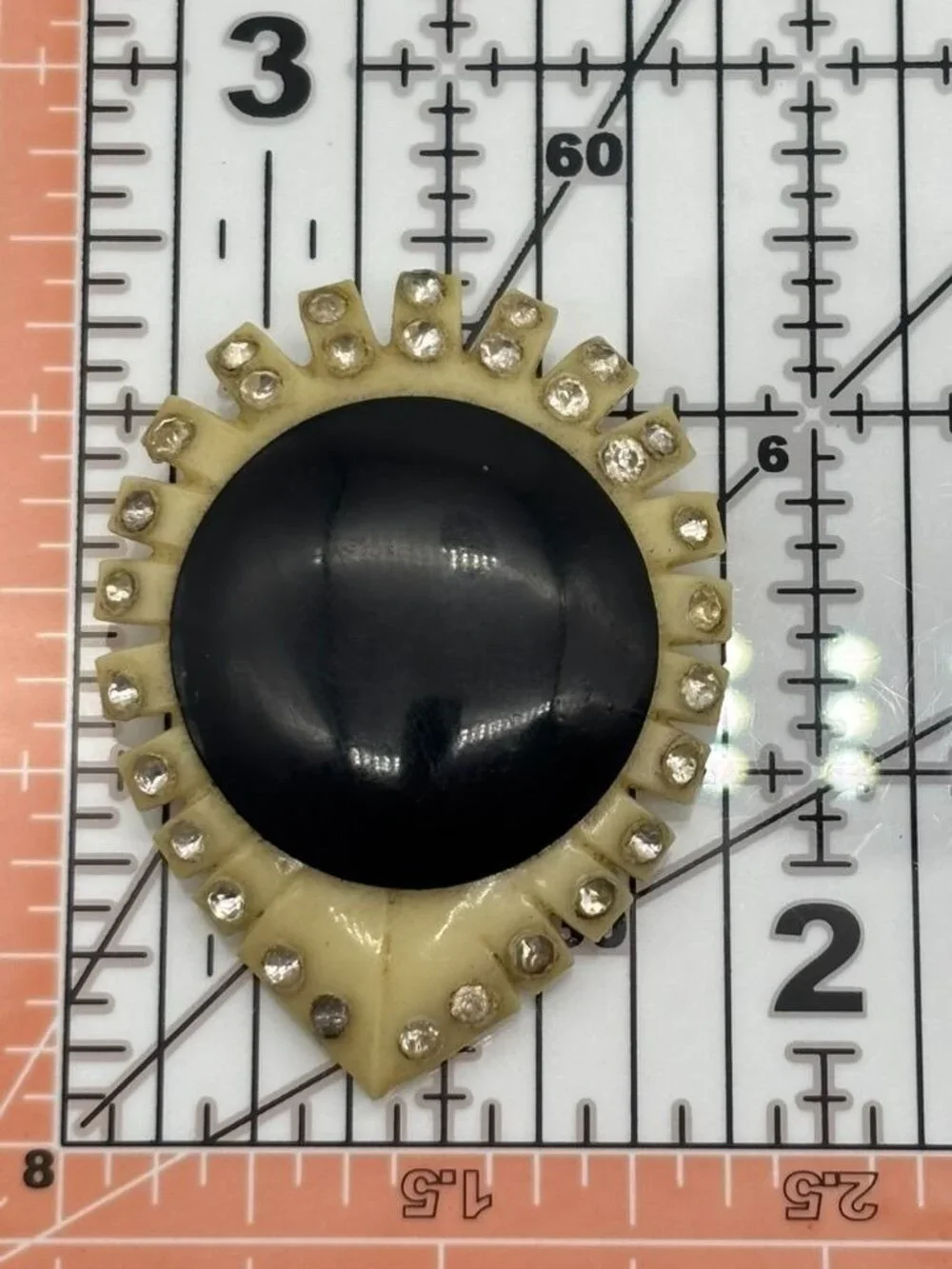Vintage Celluloid Art Deco Dress Clip Black and Cream With Rhinestones, Unsigned